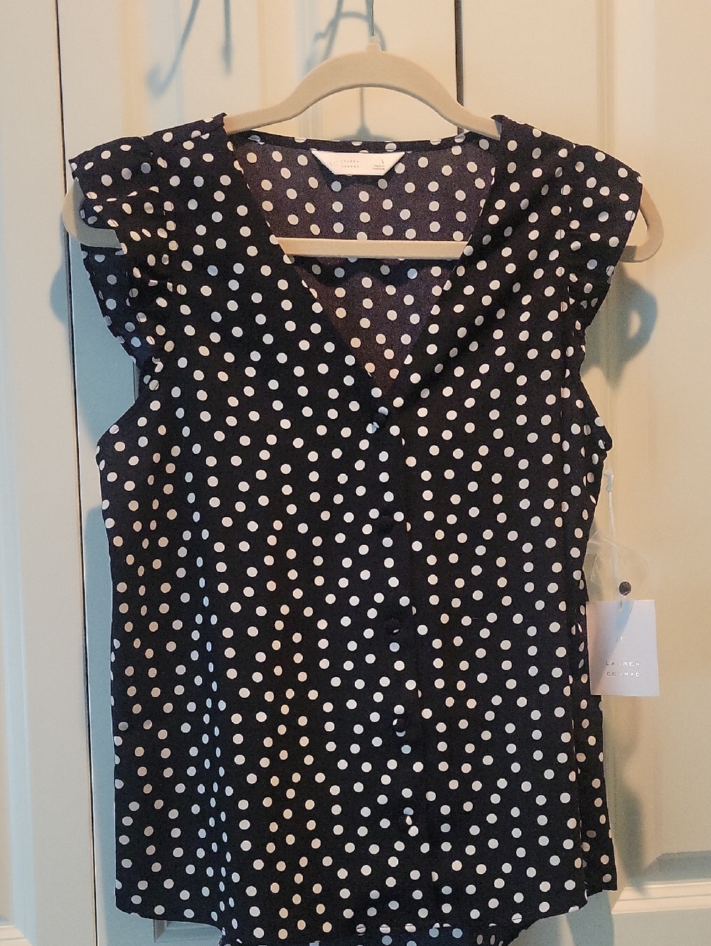 LC Lauren Conrad Black Blouse with White Polka Dots